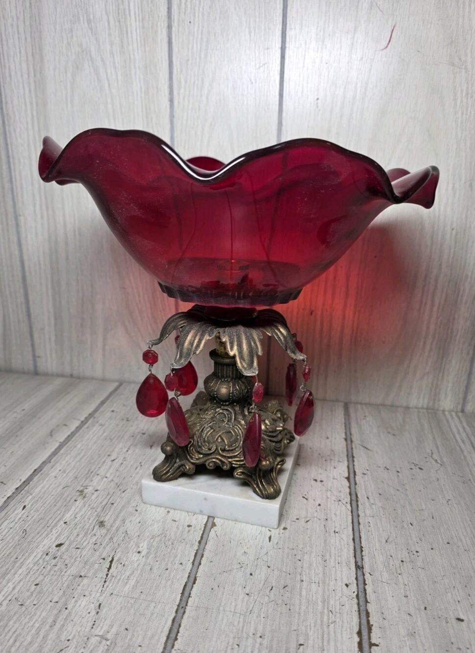 VTG Elegant Ruby Red Crystal Drop Glass Bowl Compote w/Brass Marble Base Prisims